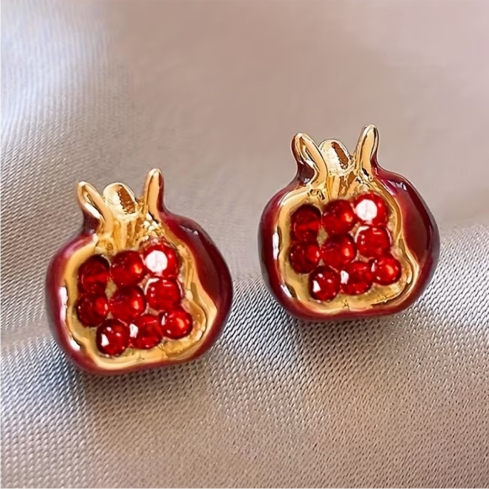 Gold and Red Pomegranate Stud Earrings